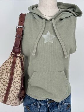 American Eagle Y2K Sage Green Waffle Knit Cropped Hoodie Star Graphic Boho Indie
